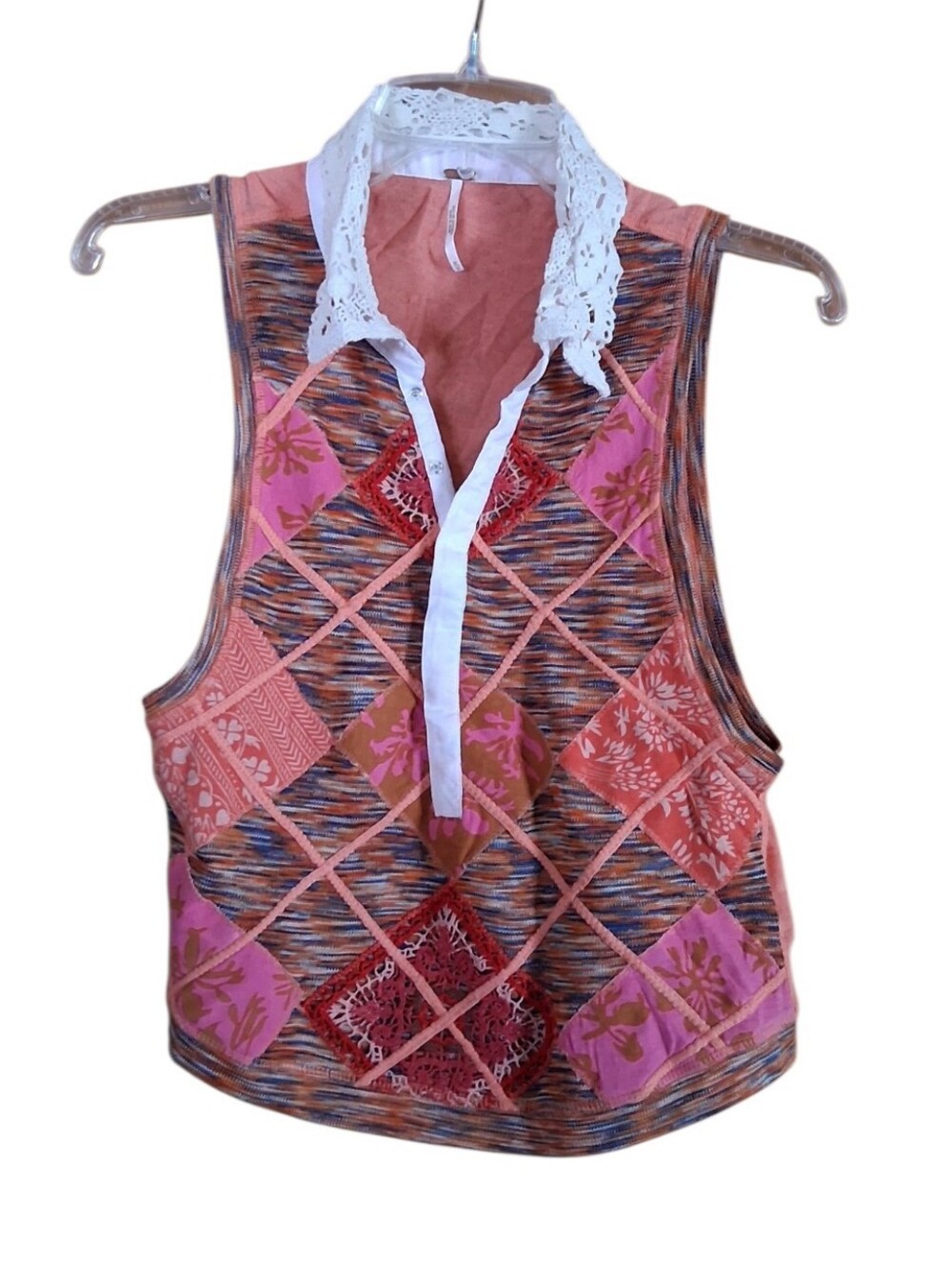 Free People Patchwork Sleeveless Button Front Top Size Medium